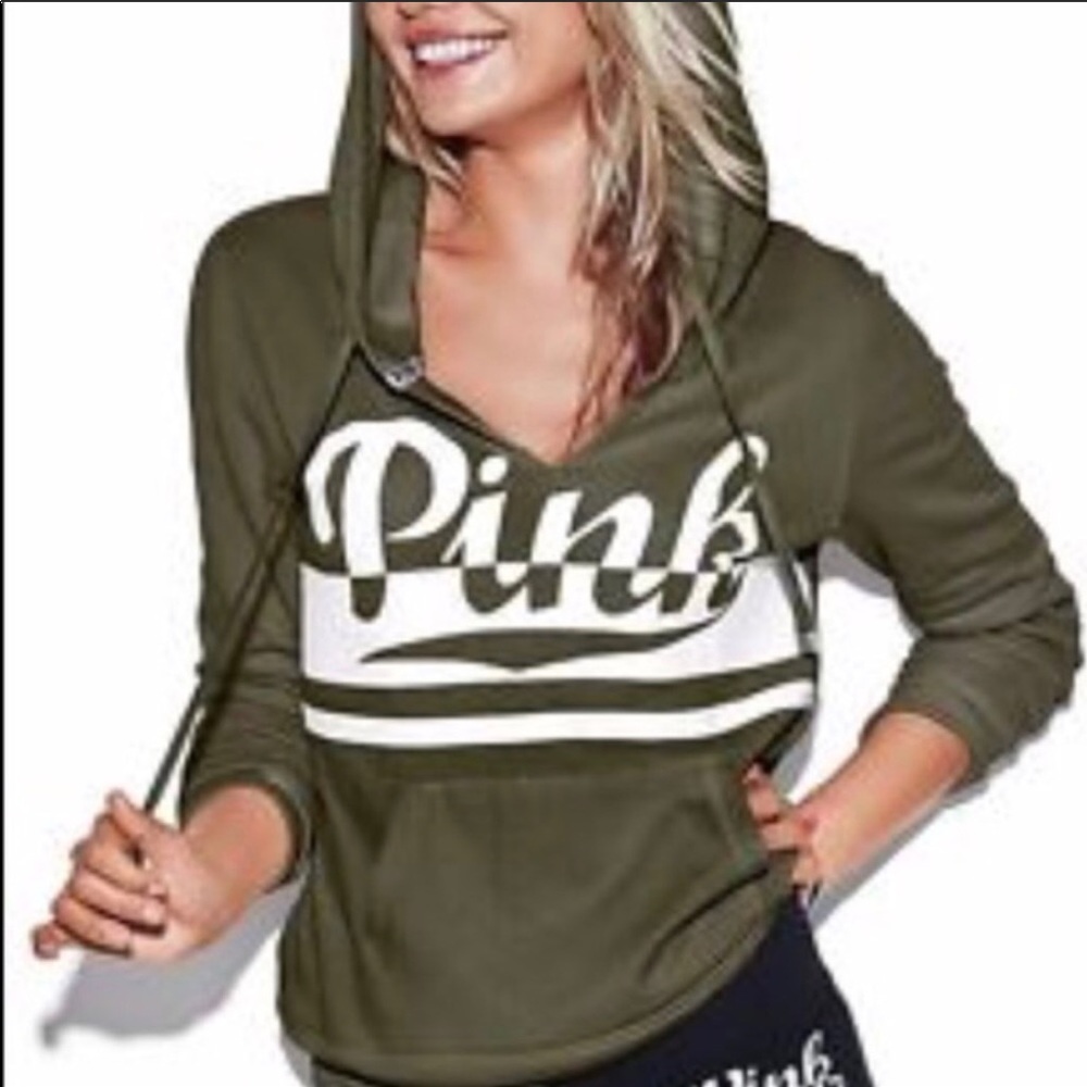 PINK v neck olive green hoodie 💞